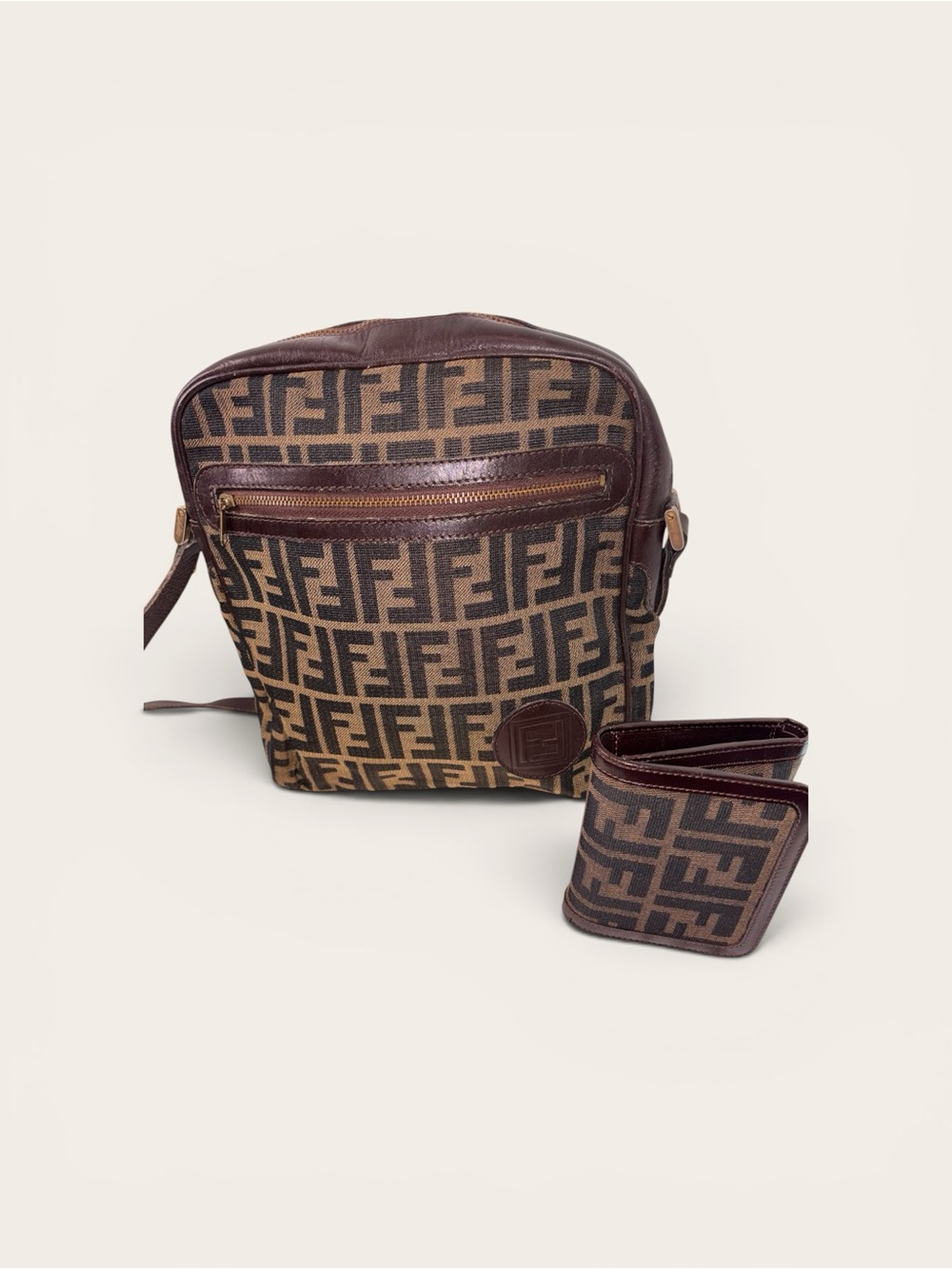 Fendi Brown FF Logo Messenger Bag with Matching Wallet